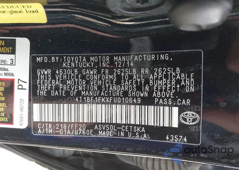 2015 Toyota Camry Se from USA, damaged, VIN 4T1BF1FKXFU010649